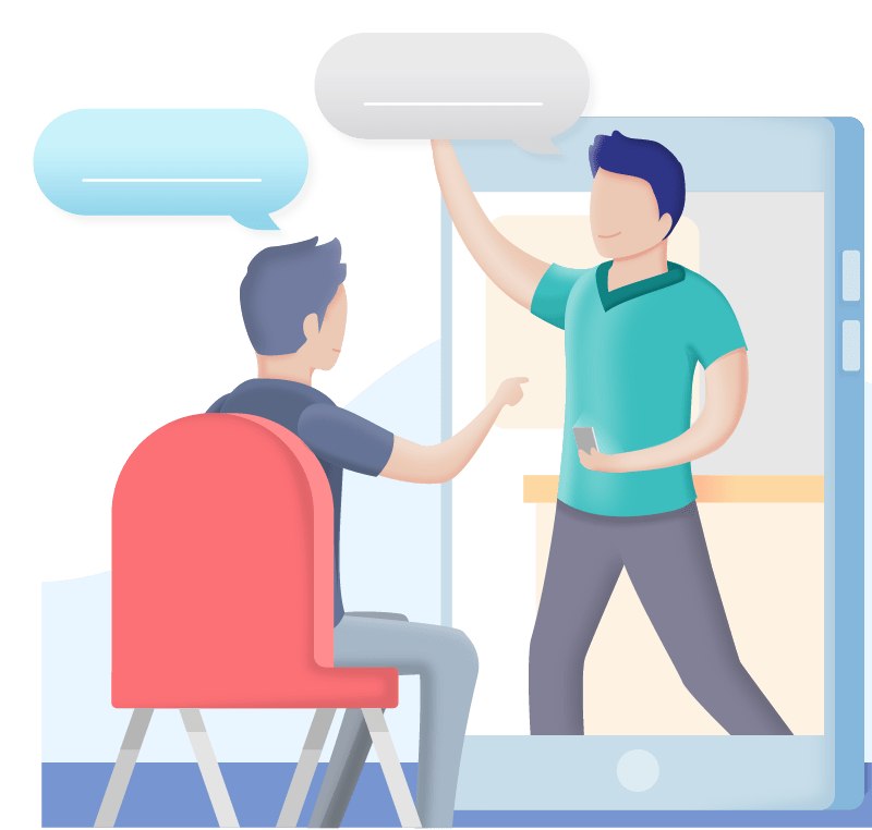 Ilustración de un chico recibiendo una clase de inglés online, a través del móvil.