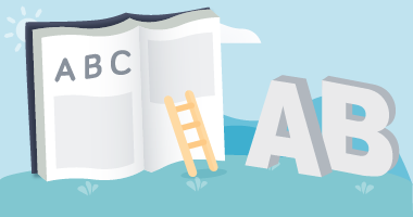 Ilustración de un libro con letras y una escalera apoyada sobre él.