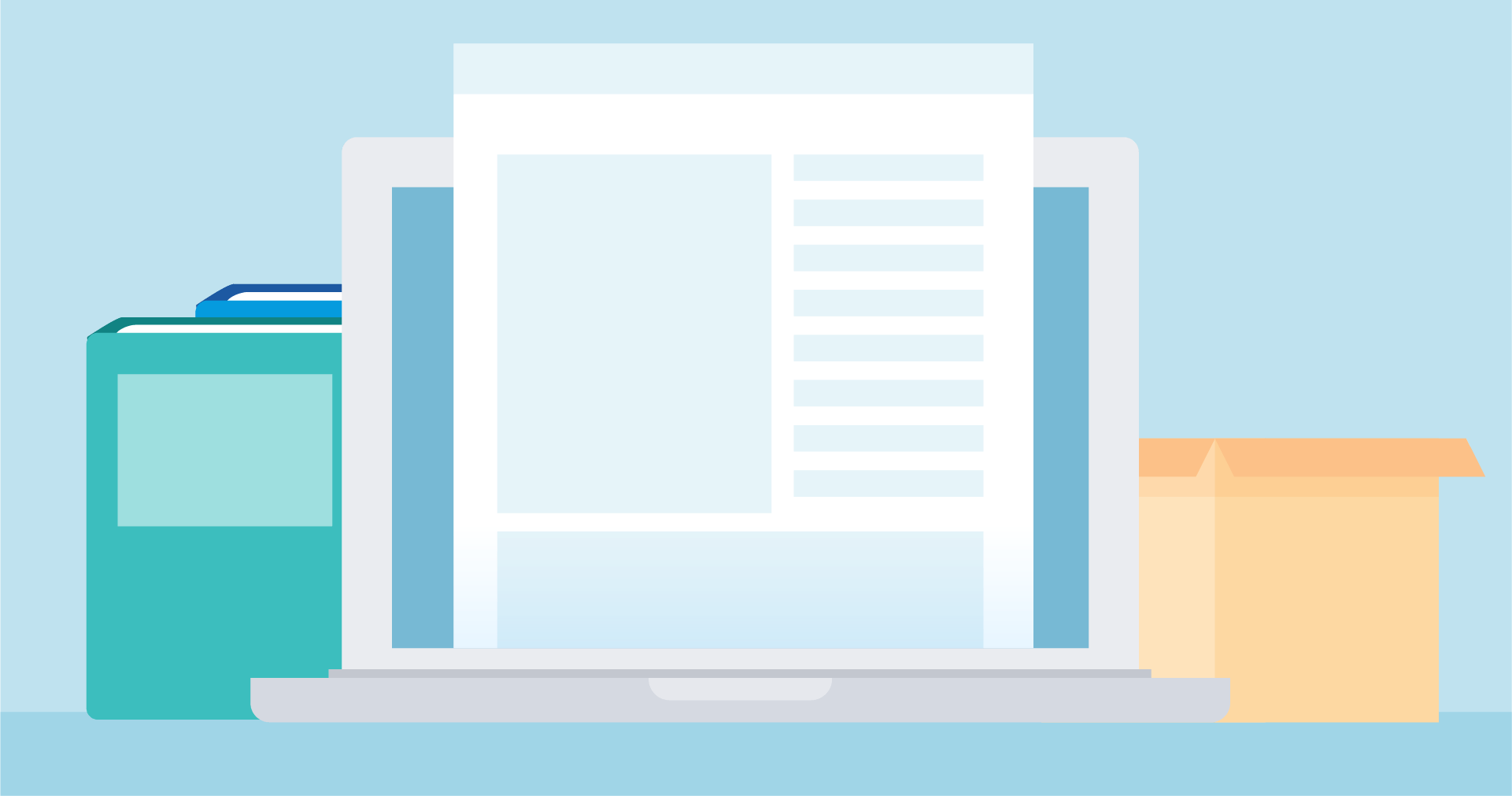 Ilustración de un portátil, unos libros y una caja de documentos.