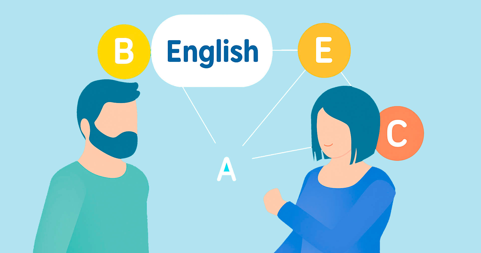 Ilustración de una profesora de inglés dando clase a un adulto.