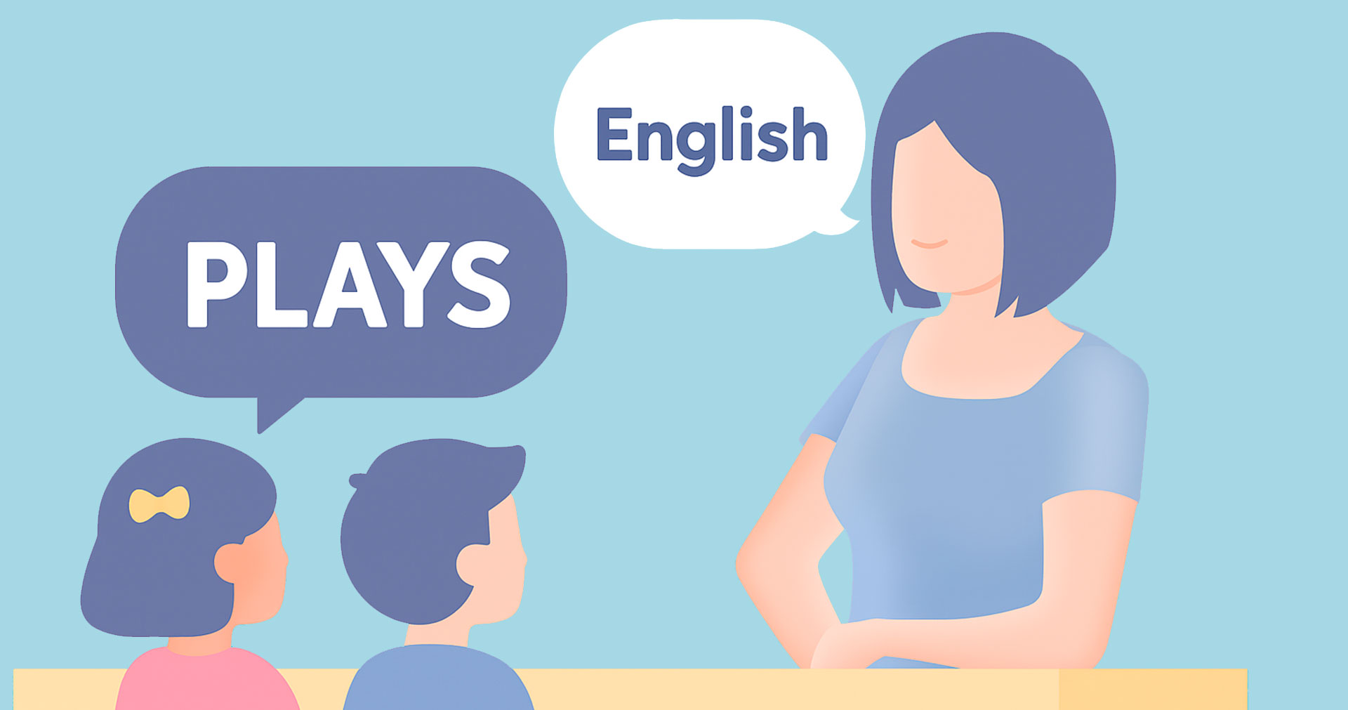 Ilustración de una profesora de inglés dando clase a un niño y a una niña.